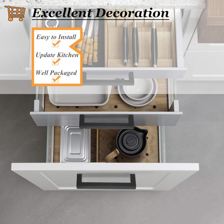(50 Pack Stainless Steel Flat Black Cabinet Handles 5 Inch(128mm) Hole Center Kitchen Drawer Pulls Stainless Steel Modern Square Hardware