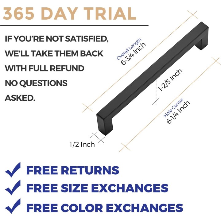 30 Pack 6-1/4 Inch Kitchen Square Cabinet Handles Matte Black Stainless Steel Drawer Pulls Hardware