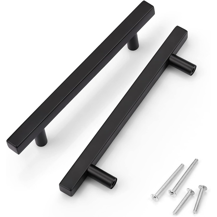 50 Pack 5 inch Cabinet Handles Matte Black, Modern Square Drawer Pulls Stainless Steel Black Pulls for Cupboard Vanity Dresser Drawer