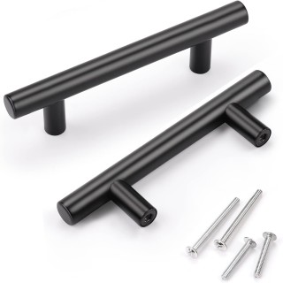 100 Pack Kitchen Cabinet Handles Black, Euro Style 3 Inch (76mm) Hole Distance 5 inch (128mm) Overall Length Cabinet Pulls Black Matte, Stainless Steel Drawer Pulls for Closet Cupboard