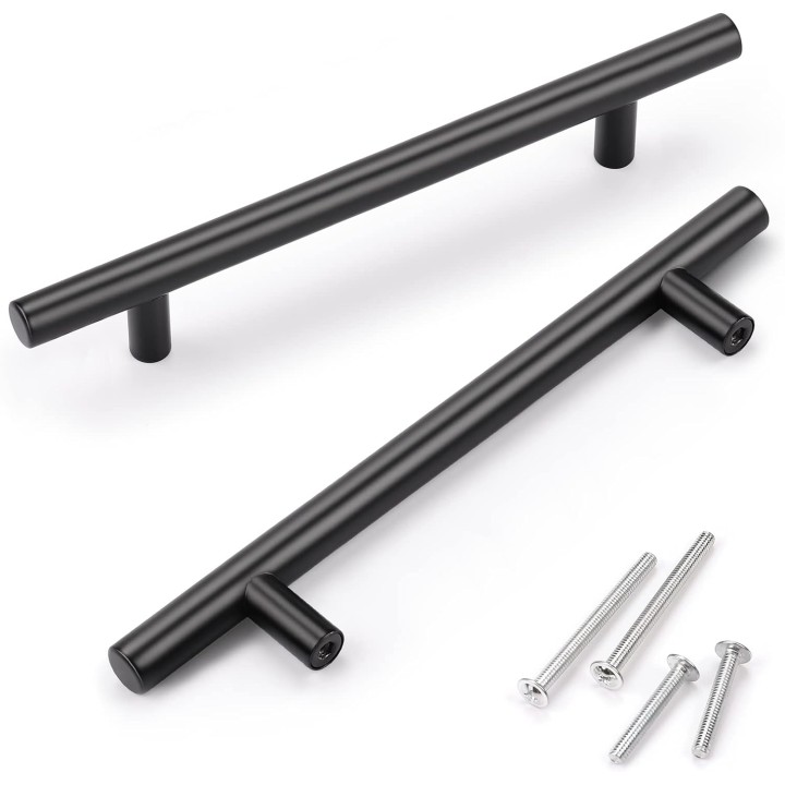 100 Pack Black Handles for Cabinets, Euro Style 5 Inch (128mm) Hole Distance 7-9/16 inch (192mm) Overall Length Matte Black Drawer Pulls, Stainless Steel Cabinet Pulls for Closet Cupboard
