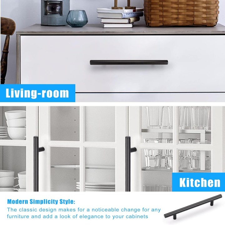 100 Pack Black Handles for Cabinets, Euro Style 5 Inch (128mm) Hole Distance 7-9/16 inch (192mm) Overall Length Matte Black Drawer Pulls, Stainless Steel Cabinet Pulls for Closet Cupboard
