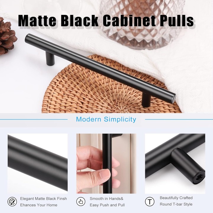 100 Pack Black Handles for Cabinets, Euro Style 5 Inch (128mm) Hole Distance 7-9/16 inch (192mm) Overall Length Matte Black Drawer Pulls, Stainless Steel Cabinet Pulls for Closet Cupboard