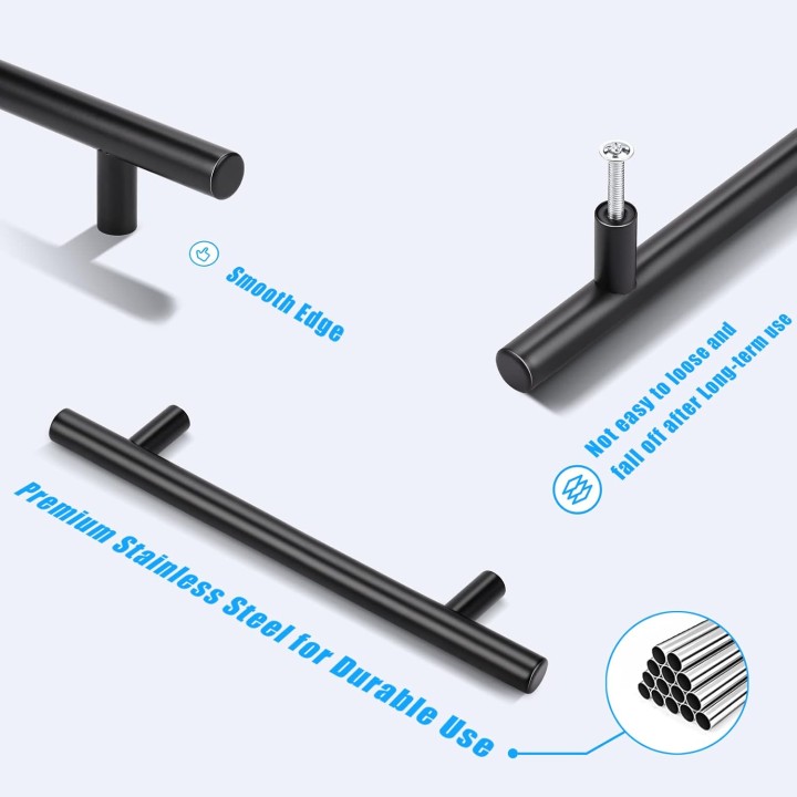 100 Pack Black Handles for Cabinets, Euro Style 5 Inch (128mm) Hole Distance 7-9/16 inch (192mm) Overall Length Matte Black Drawer Pulls, Stainless Steel Cabinet Pulls for Closet Cupboard