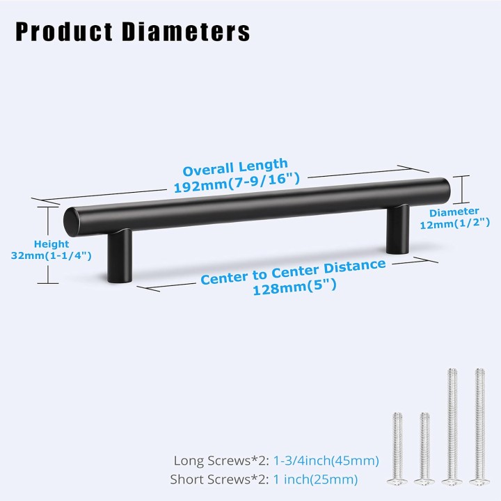 100 Pack Black Handles for Cabinets, Euro Style 5 Inch (128mm) Hole Distance 7-9/16 inch (192mm) Overall Length Matte Black Drawer Pulls, Stainless Steel Cabinet Pulls for Closet Cupboard