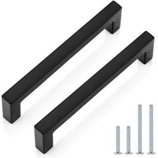 50 Pack| Black Cabinet Handles 5 Inch(128mm) Hole Centers Drawer Pulls Stainless Steel Kitchen Cabinet Handles Matte Black Square Drawer Handles Modern Cabinet Hardware